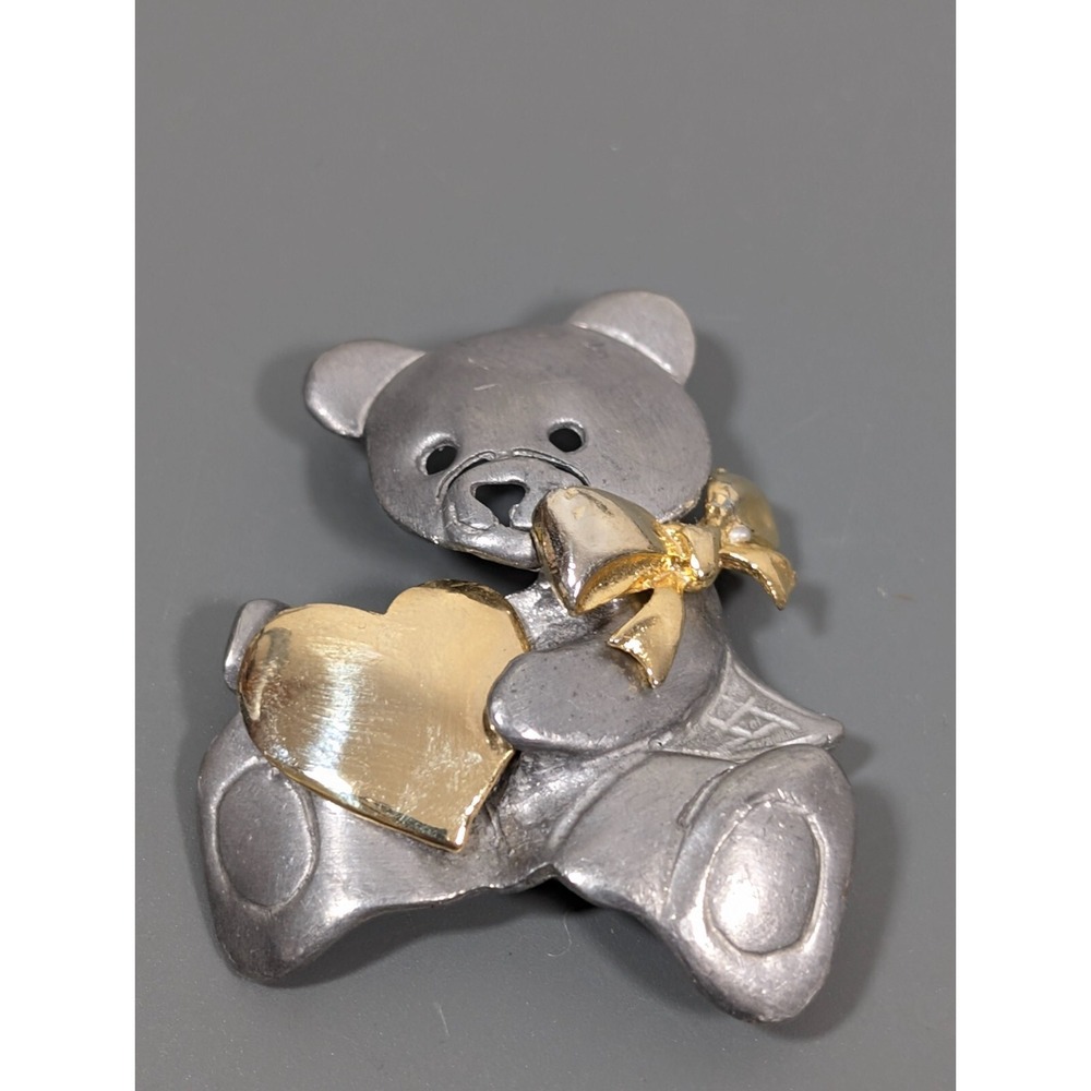 Vintage Ultra Craft Pewter Teddy Bear Heart Two Tone‎ Brooch Pin